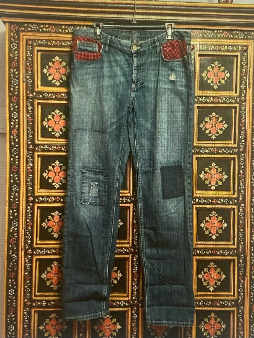 Eddie Bauer Women's Dark Blue Patchwork Boyfriend Jeans with Red Plaid Accents